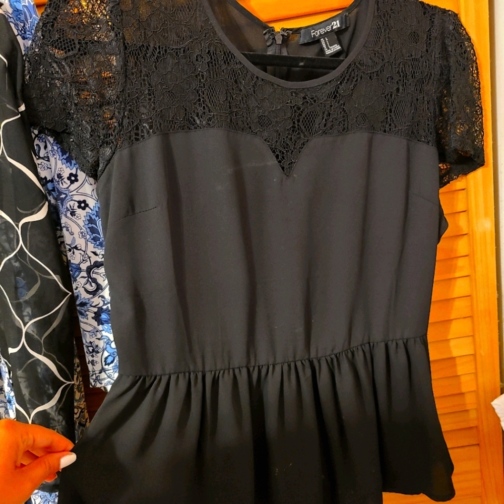Peplum blouse black silk/chiffon top size L